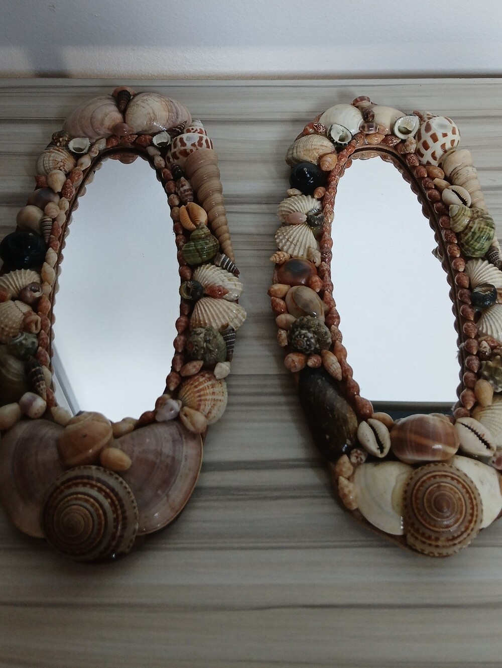 Pair of Vintage Oval Handmade Seashell Mirrors 12” x 5.5" Nautical Beach Decor